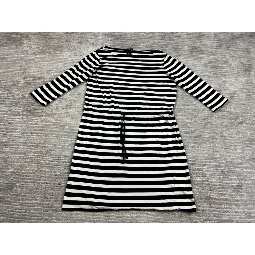 H&M T-Shirt Dress Womens M Black White Striped Boat Neck Drawstring Waist Cotton - Picture 1 of 9